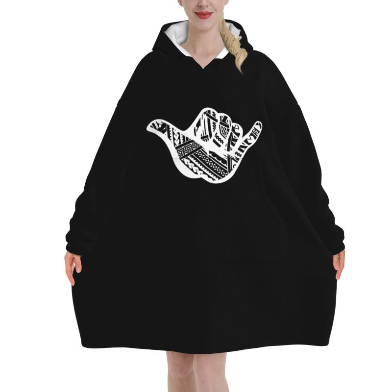 Sherpa Hoodie Fleece - Polynesian Tattoo Shaka Tribal Print Decke
