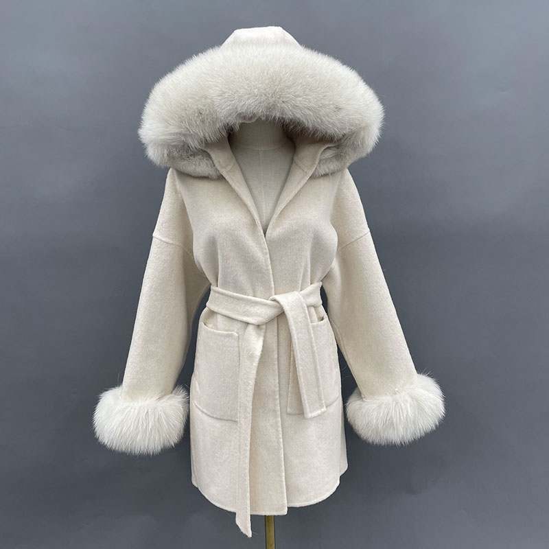 Wool Coat Peacoat - MISSJANEFUR Wollmantel mit echtem Fuchspelzkragen, Manschette,