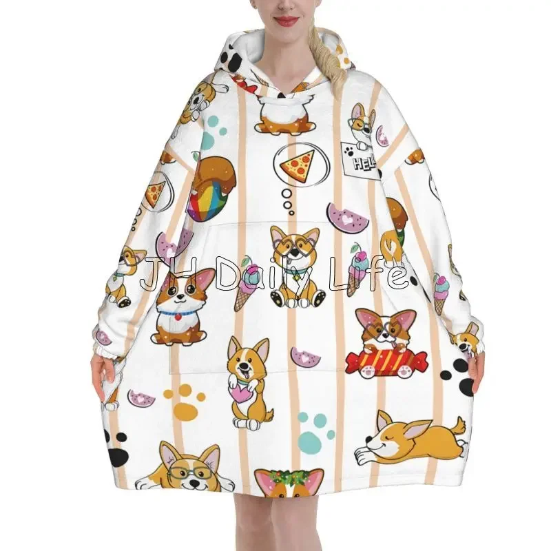 Sherpa Hoodie Fleece - Niedlicher Corgi-Hund, tragbare Kapuzendecke, Damen-Pyjama, Pullover,