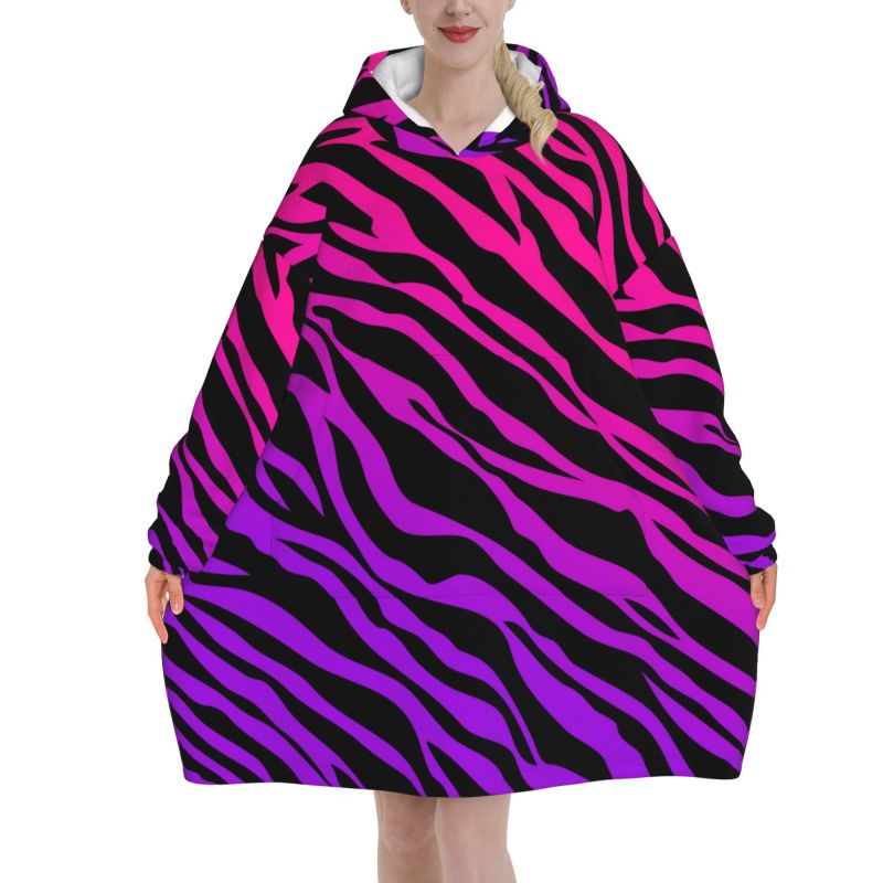 Sherpa Hoodie Fleece - Zebra-Streifen-Druck, tragbare Decke, Kapuzenpullover, Damen, übergroßes