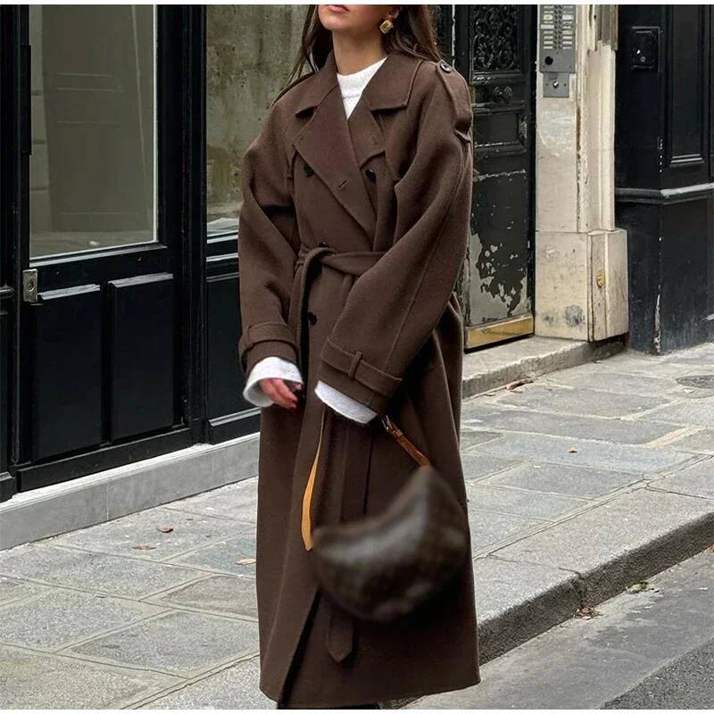 Wool Coat Peacoat - Eleganter Grauer Mantel mit Gürtel, Langer